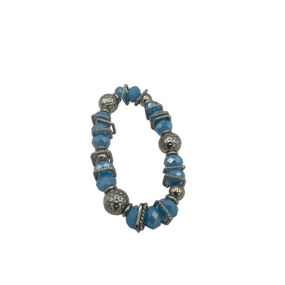 Beveled Blue and Silver Beaded Stretch Bracelet with Braided Silver Accents - Picture 3 of 5